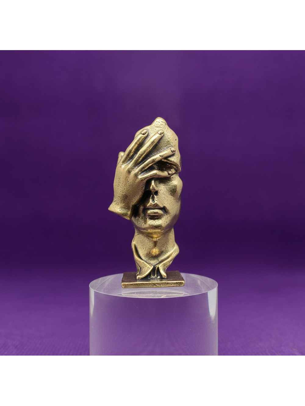 Abstract Brass Sculpture of a Face with Hand Covering Eye